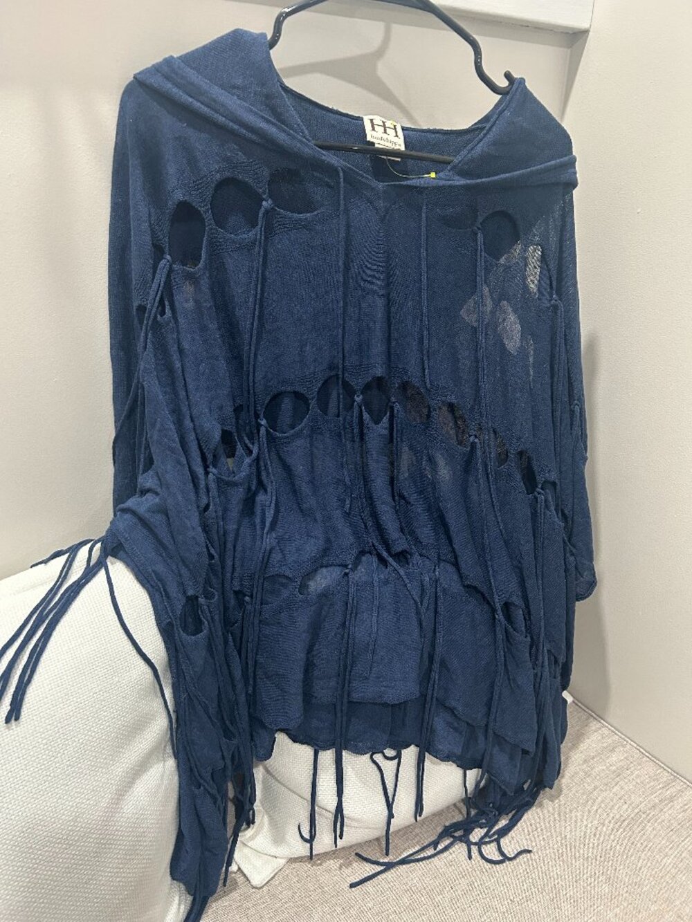 Haute Hippie Women's Hooded Fringe Knit Cotton Poncho Blue Relaxed Fit Size M